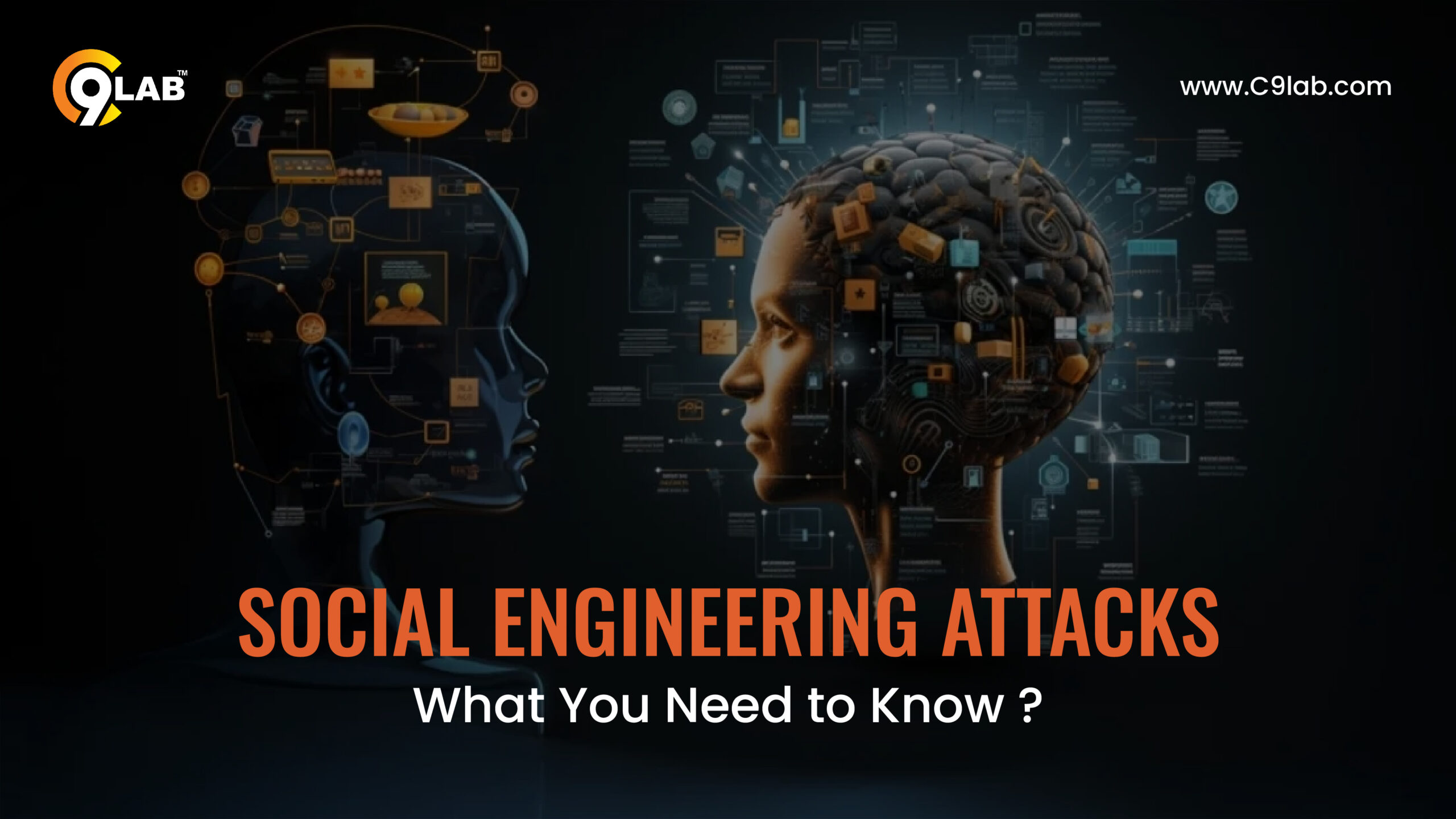 Illustration of social engineering attacks with human brain and digital connections